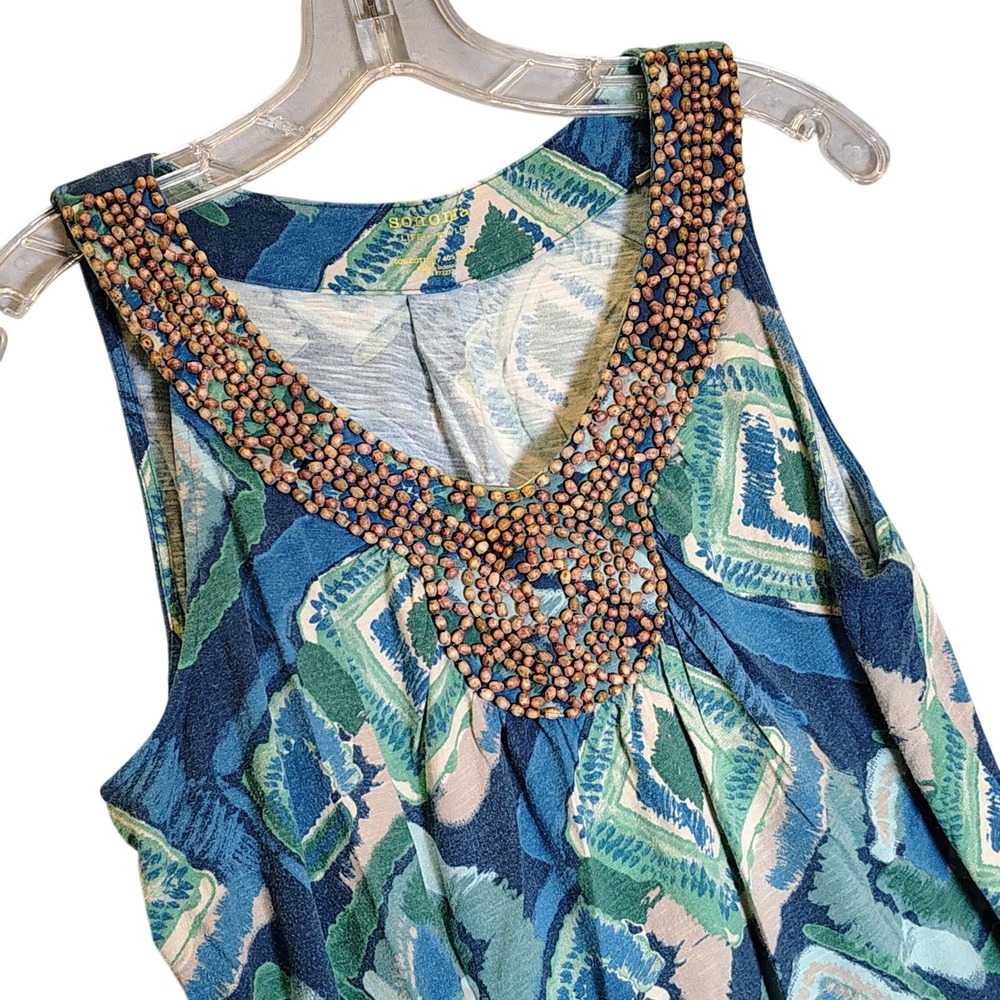 Sonoma Life + Style Beaded Tank Top Women Large Blue Green Ikat Boho V-Neck
